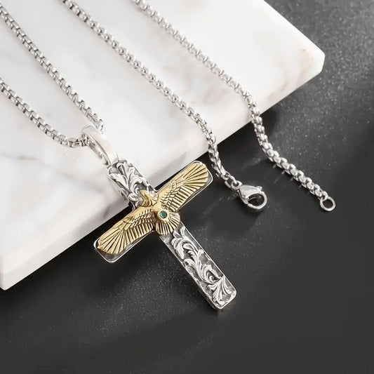 Green Synthetic Cubic Zirconia Inlay Men’s Two Tone Spread Eagle Cross - No Plating
