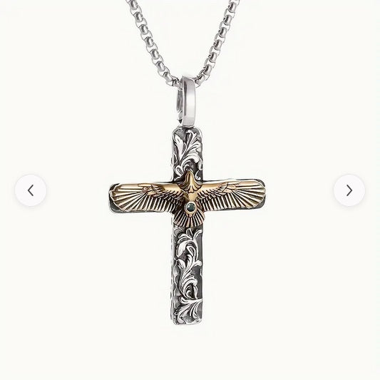 Green Synthetic Cubic Zirconia Inlay Men’s Two Tone Spread Eagle Cross - No Plating