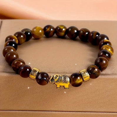 Beaded Gemstone Bracelet with Gold-Tone Elephant