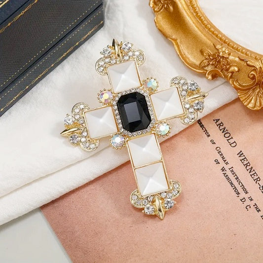 Esshpule Luxury Vintage Cross-Shaped Brooch Pin with Black Rhinestone and Opalescent Accents