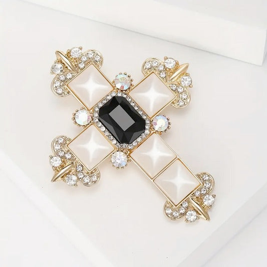 Esshpule Luxury Vintage Cross-Shaped Brooch Pin with Black Rhinestone and Opalescent Accents