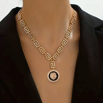 Greek Key Geometric Lady's Lion Of Judah Necklace