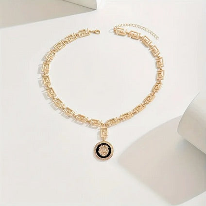 Greek Key Geometric Lady's Lion Of Judah Necklace