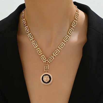 Greek Key Geometric Lady's Lion Of Judah Necklace
