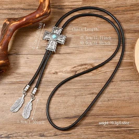 Vintage Cross Bolo Tie With Eagle Feather Dangles