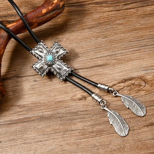 Vintage Cross Bolo Tie With Eagle Feather Dangles
