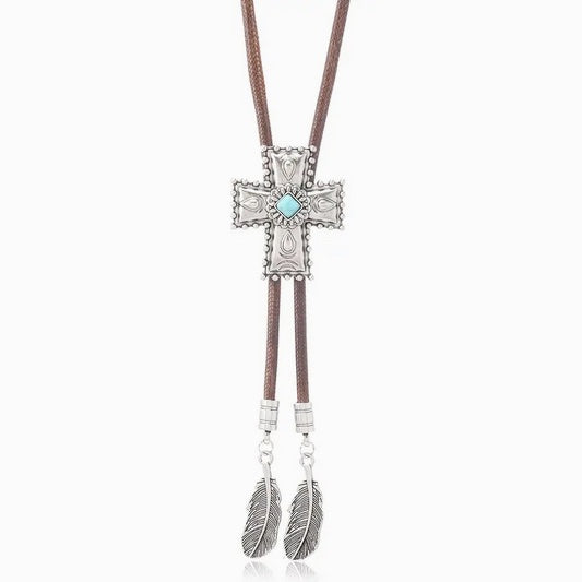 Vintage Cross Bolo Tie With Eagle Feather Dangles