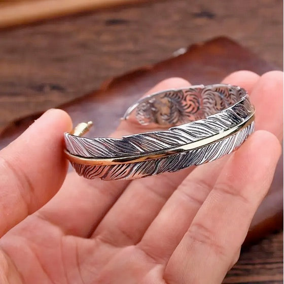 Eagle Feather Two Tone Adjustable Cuff Bracelet