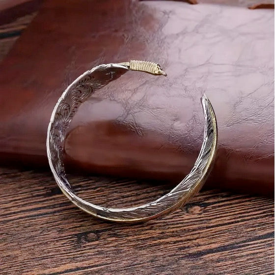 Eagle Feather Two Tone Adjustable Cuff Bracelet