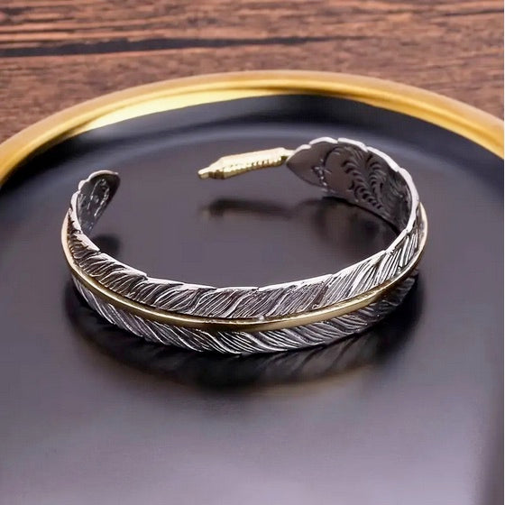 Eagle Feather Two Tone Adjustable Cuff Bracelet