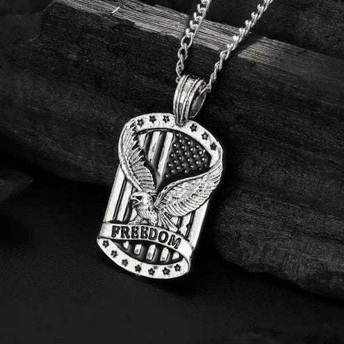 Freedom Eagle Pendant Dog Tag Style Necklace for Men and Women - Stainless Steel, Vintage Style, No Plating, Unisex