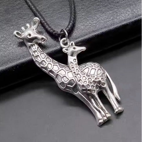 Antique Silver Plated Giraffe Black Leather Cord Rope Chain Necklace -Length adjustable