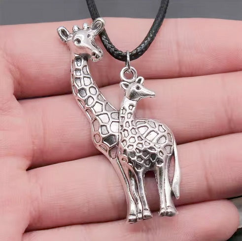 Antique Silver Plated Giraffe Black Leather Cord Rope Chain Necklace -Length adjustable
