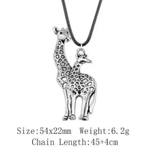 Antique Silver Plated Giraffe Black Leather Cord Rope Chain Necklace -Length adjustable
