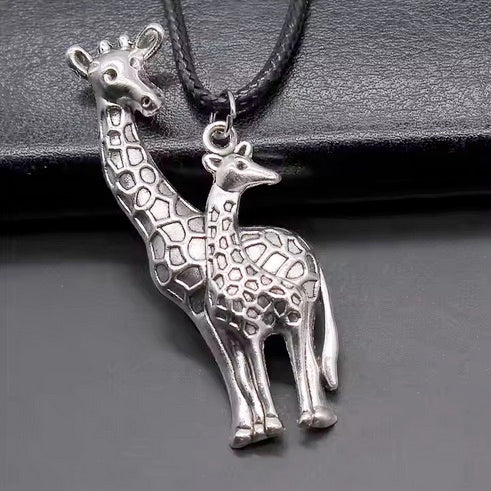 Antique Silver Plated Giraffe Black Leather Cord Rope Chain Necklace -Length adjustable