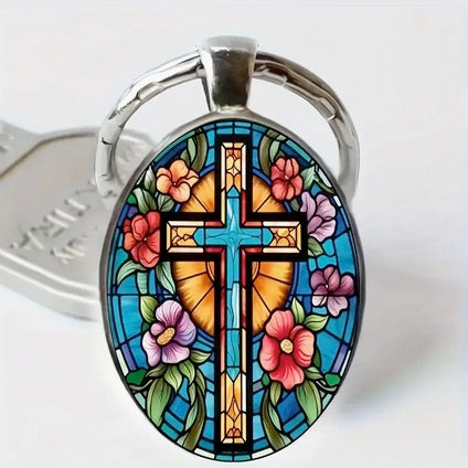 Cross Flowers Oval Glass Keychain