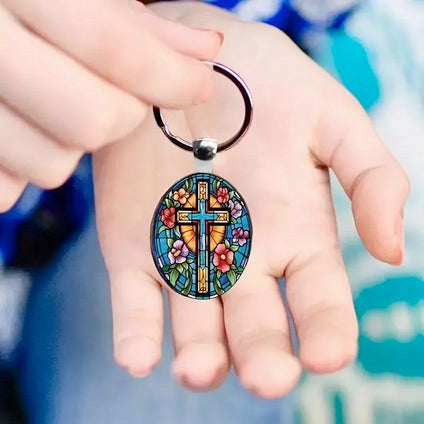 Cross Flowers Oval Glass Keychain