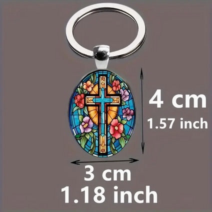 Cross Flowers Oval Glass Keychain