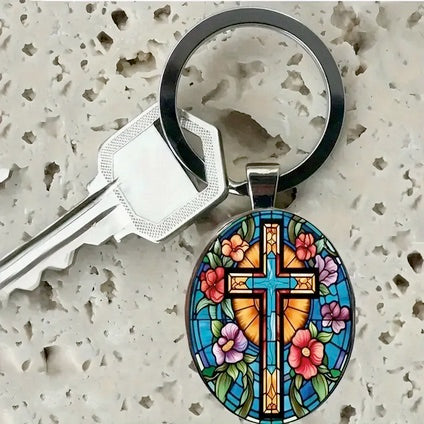 Cross Flowers Oval Glass Keychain