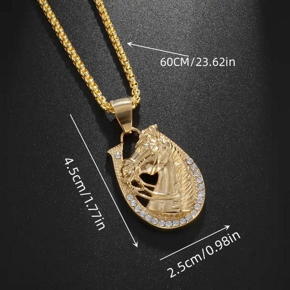 Exquisite Golden Horse Head Horseshoe Pendant Necklace With CZs