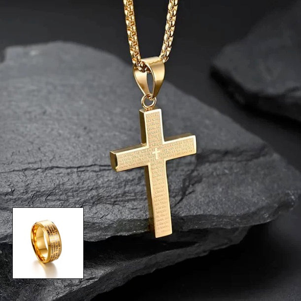 Gold Lord's Prayer Cross Necklace And Ring Set