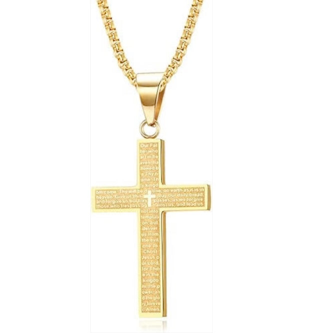 Gold Lord's Prayer Cross Necklace And Ring Set