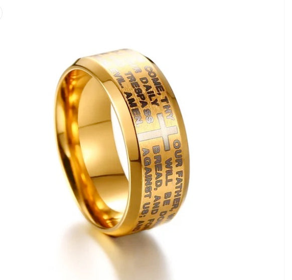 Gold Lord's Prayer Cross Necklace And Ring Set