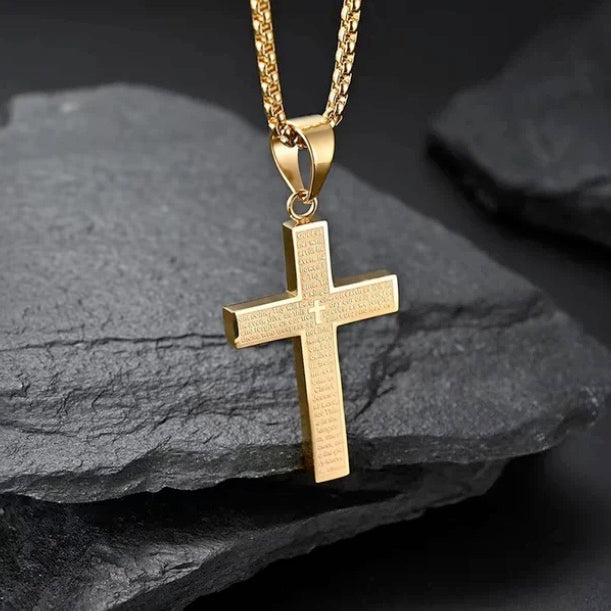 Gold Lord's Prayer Cross Necklace And Ring Set