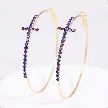 Gold Plated  Hoop Cross Sapphire Earrings