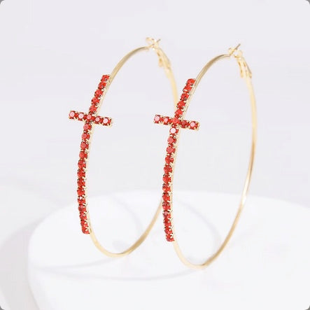 Hoop Gold Plated Ruby Cross Earrings