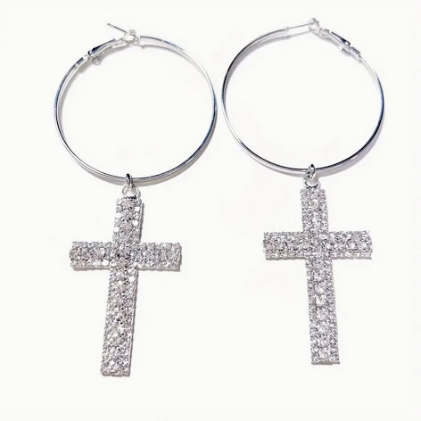 Elegant Rhinestone Cross Hoop Earrings