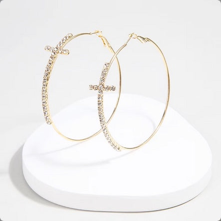 Hoop Cross Gold Plated Cubic Zirconia Earrings