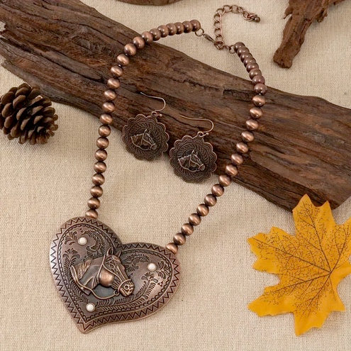 Boho-Chic Vintage Horse Head & Heart Beaded Necklace and Earrings Set - Turquoise Inlaid, Zinc Alloy