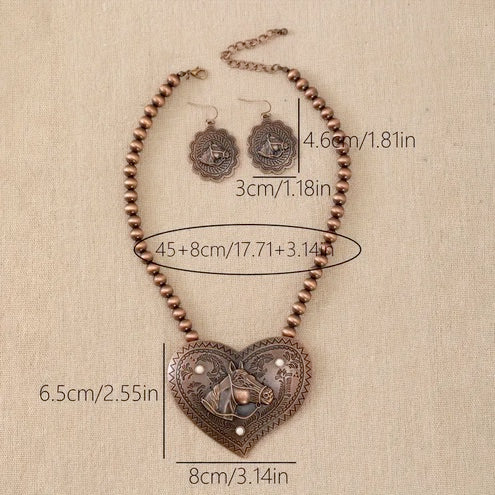 Boho-Chic Vintage Horse Head & Heart Beaded Necklace and Earrings Set - Turquoise Inlaid, Zinc Alloy