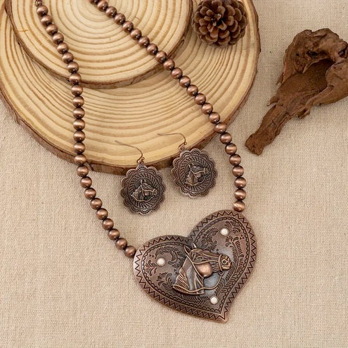 Boho-Chic Vintage Horse Head & Heart Beaded Necklace and Earrings Set - Turquoise Inlaid, Zinc Alloy