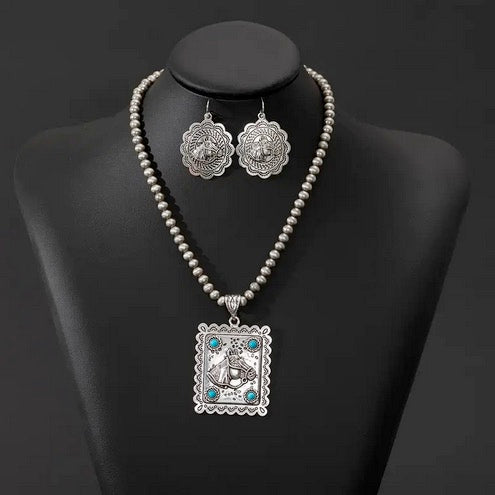 Vintage Style Silver-Plated Turquoise Mosaic Horse Head Pendant Necklace and Earrings Set, Zinc Alloy Jewelry