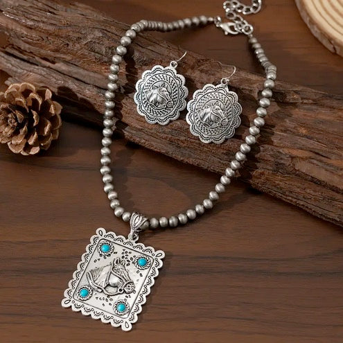 Vintage Style Silver-Plated Turquoise Mosaic Horse Head Pendant Necklace and Earrings Set, Zinc Alloy Jewelry