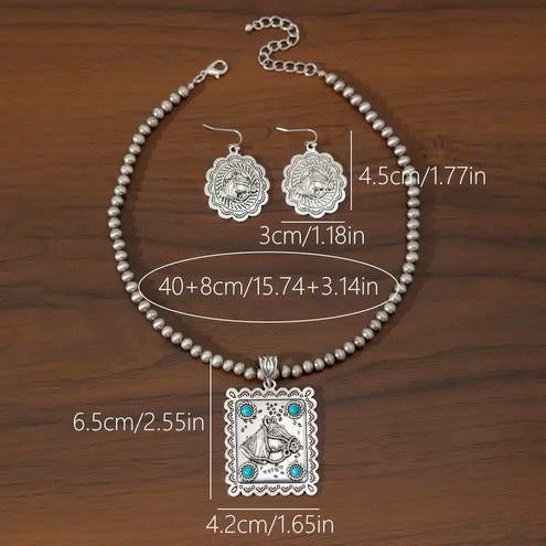 Vintage Style Silver-Plated Turquoise Mosaic Horse Head Pendant Necklace and Earrings Set, Zinc Alloy Jewelry