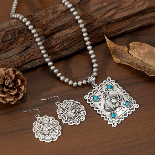 Vintage Style Silver-Plated Turquoise Mosaic Horse Head Pendant Necklace and Earrings Set, Zinc Alloy Jewelry