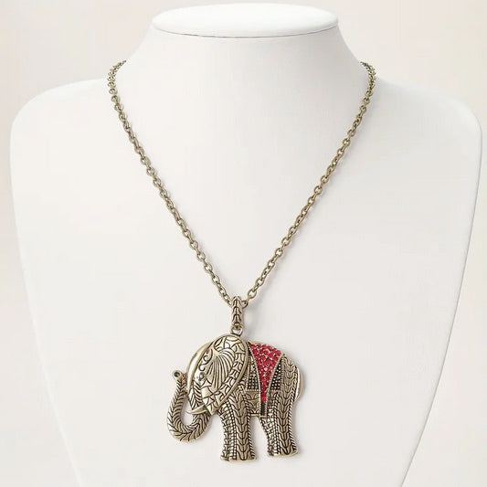 Vintage Boho Elephant Pendant Necklace with Red Glass Inlay