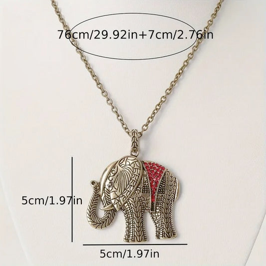 Vintage Boho Elephant Pendant Necklace with Red Glass Inlay