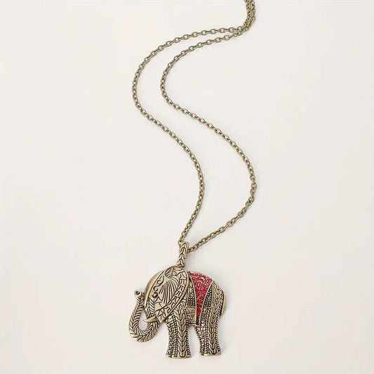 Vintage Boho Elephant Pendant Necklace with Red Glass Inlay