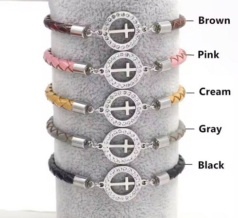 Adjustable Leather CZ Lady Cross Bracelet- Five Colors!