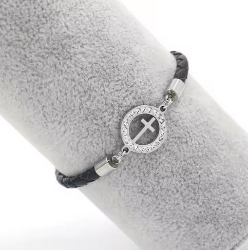 Adjustable Leather CZ Lady Cross Bracelet- Five Colors!