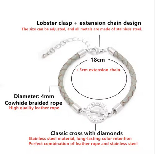 Adjustable Leather CZ Lady Cross Bracelet- Five Colors!