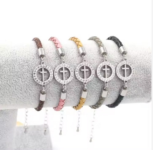 Adjustable Leather CZ Lady Cross Bracelet- Five Colors!