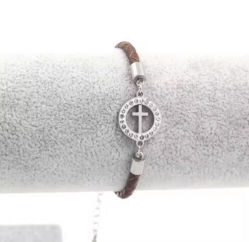 Adjustable Leather CZ Lady Cross Bracelet- Five Colors!