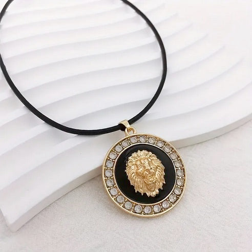 Vintage Black Leather Lion Of Judah Necklace With Rhinestones - Adjustable Length Leather Chain