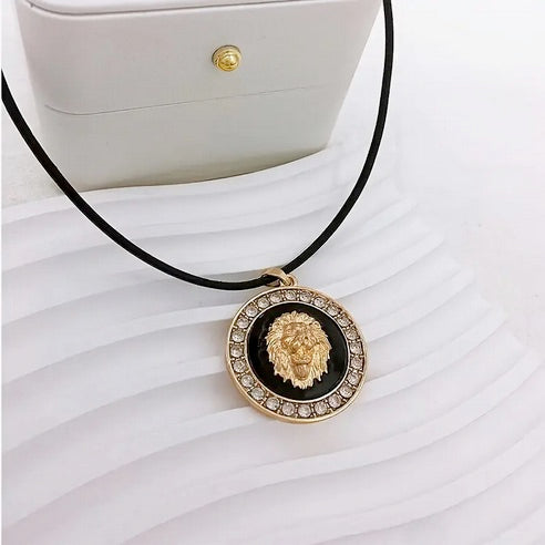 Vintage Black Leather Lion Of Judah Necklace With Rhinestones - Adjustable Length Leather Chain