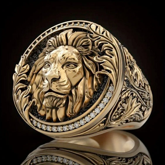 Luxury Men's Vintage Gold Plated Lion Of Judah Cubic Zirconia Ring